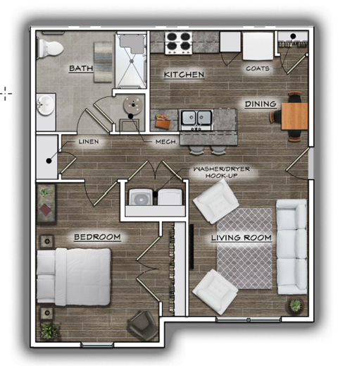 Floor plan for 1 bed, 1 bath, 681 sqft